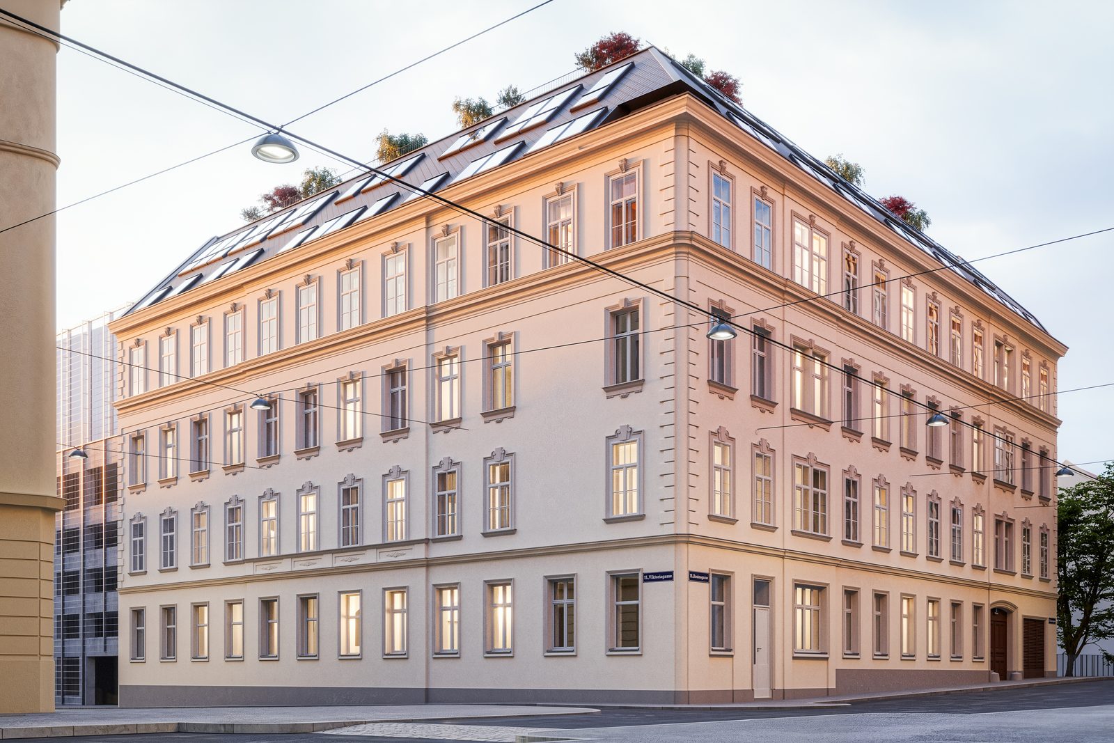 Straßenansicht des sanierten Stilaltbaus Rose Nine in der Rosinagasse 9