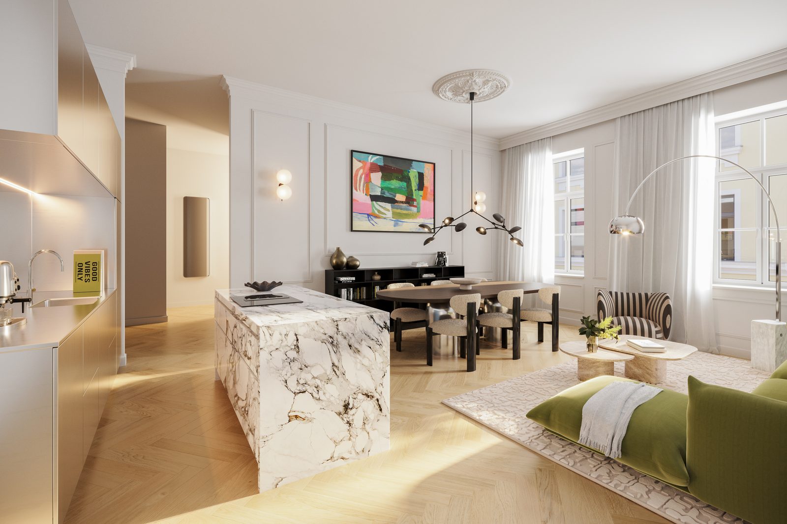 Offene Wohnküche mit Parkettboden in einer Wohnung des Projekts Rose Nine