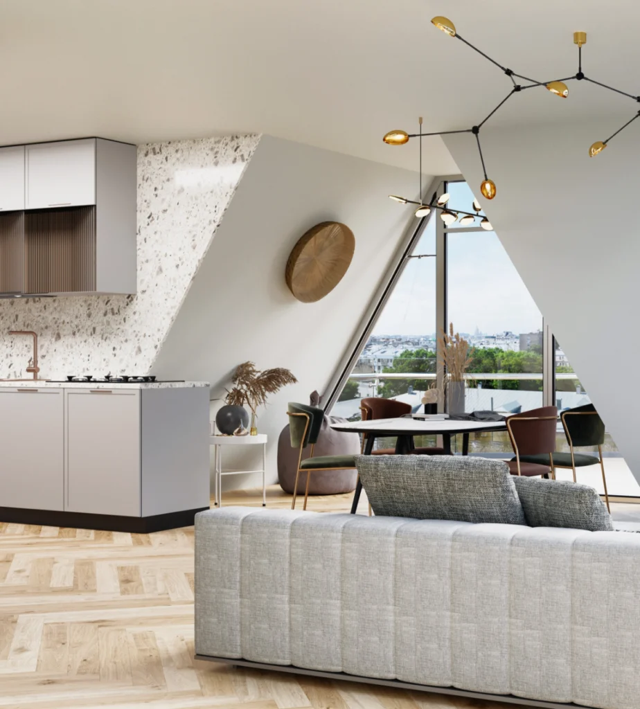 Moderner Wohnraum unter dem Dach mit Küche, Sofa und Blick nach außen.